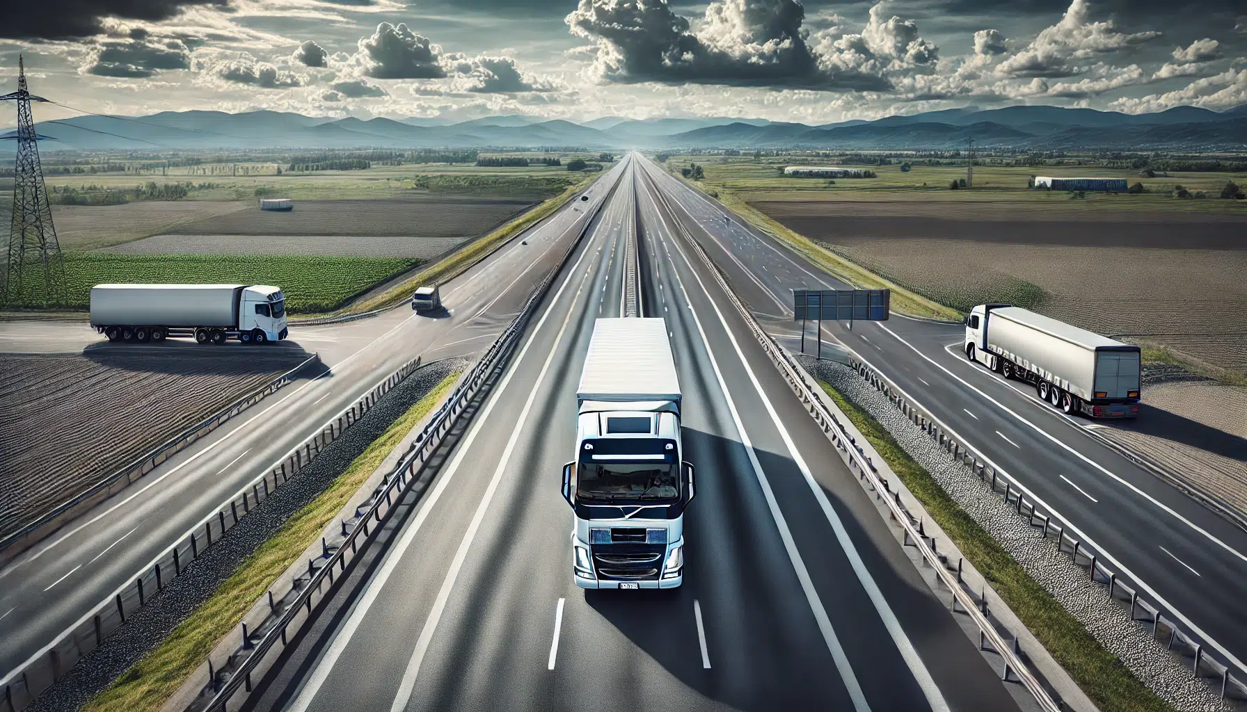 Une photo de 3 camions de transport de marchandise sur une autoroute