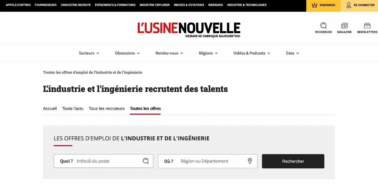 L'Usine Nouvelle : un des meilleurs sites de recrutement dans l'industrie en 2024